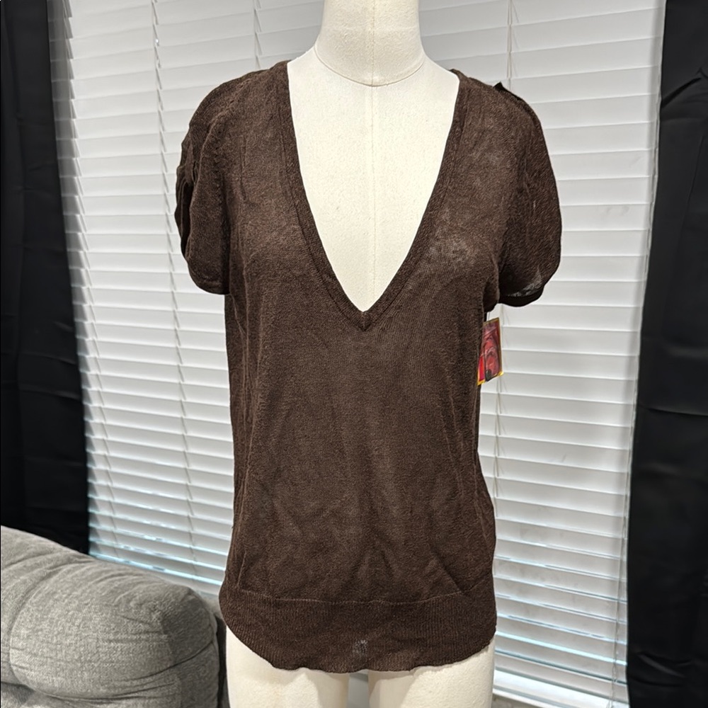 NWT ISAAC MIZRAHI for Target Linen Blend Sheer Brown Deep V-Neck Women's Top